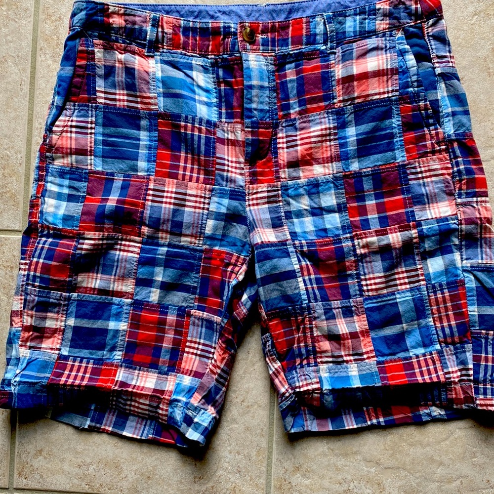 LLBean Madras plaid shorts. Patriotic red, white & blue